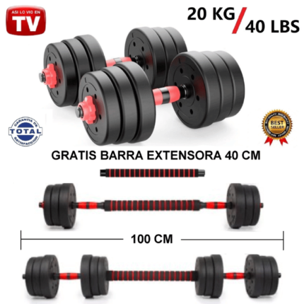 kit Mancuernas 20 kilos + Barra Extensión